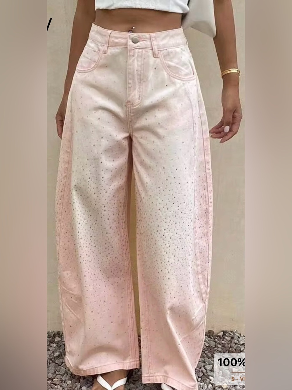 NWT Rhinestone Curved Leg Loose Jeans feature an all-over embellishment.